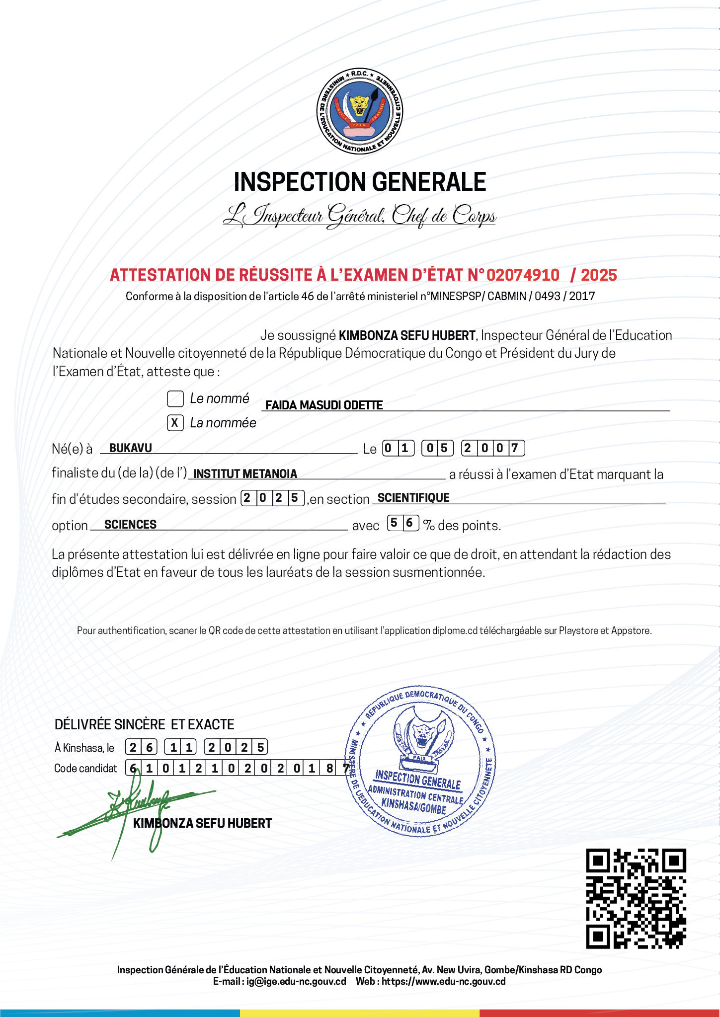 Attestation de FAIDA MASUDI ODETTE